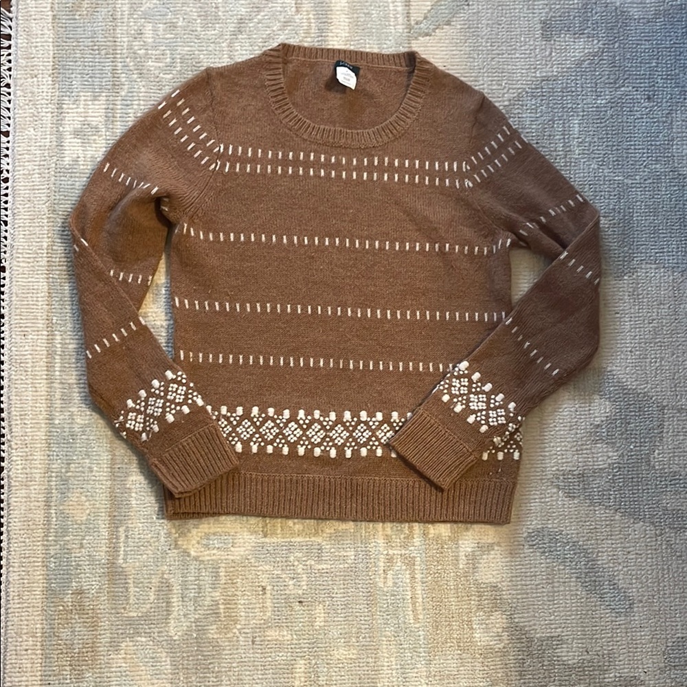 J. Crew Brown and White Crewneck Sweater with Nordic Pattern